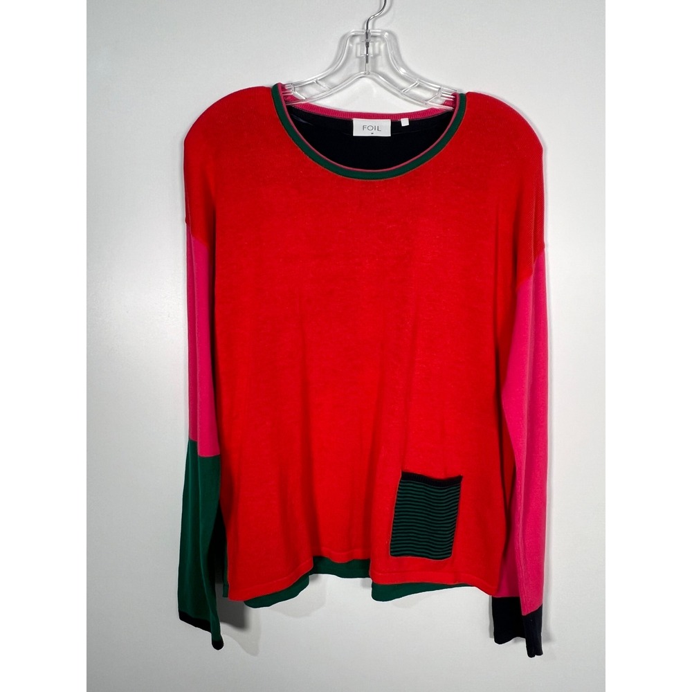 FOIL Colorblock Red Pink Green Cotton Knit Pocket Sweater Artsy Eclectic Medium